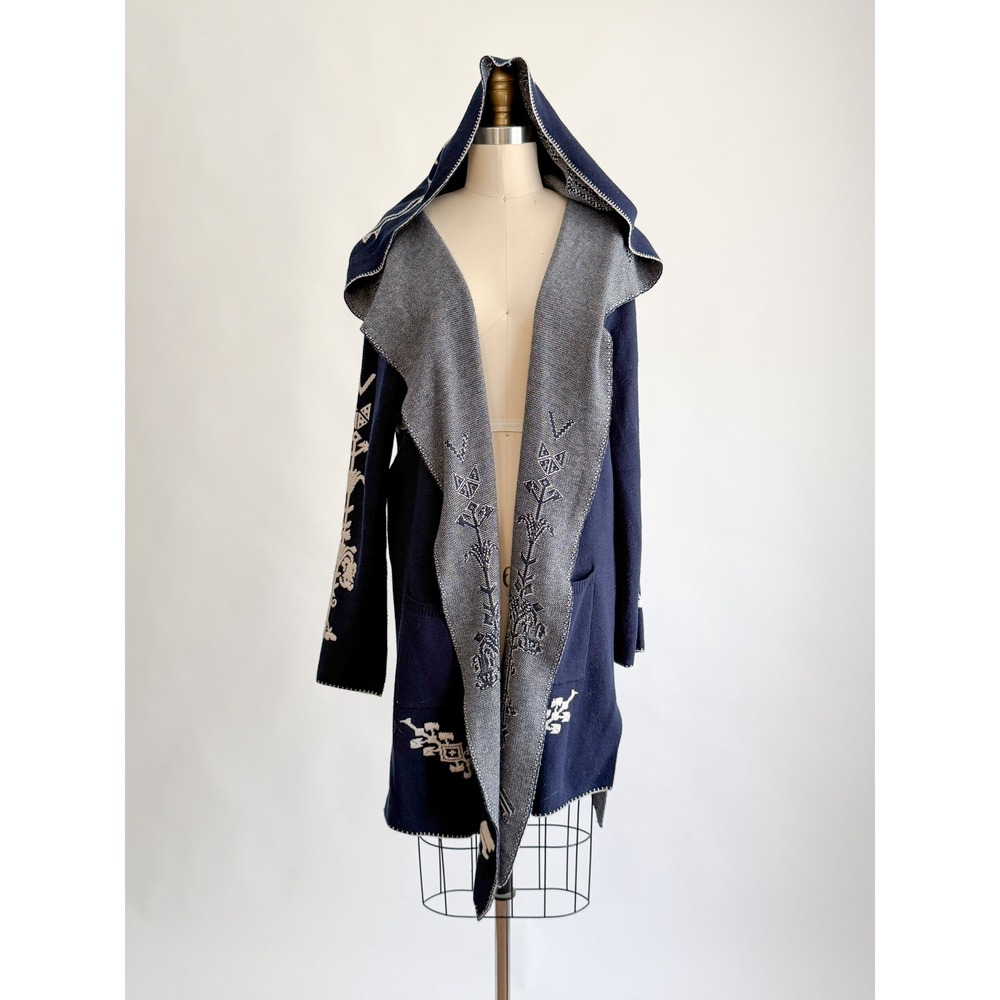 Southwestern Maxsport Hooded Cardigan L Navy Blue Geometric Wool Blend